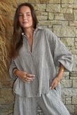 Sundaze Cheesecloth Chalk Stripe Boyfriend Shirt Mocha & White